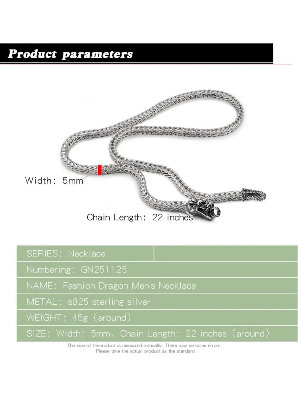 Men's Silver 925 Sterling Silver Dragon Necklace 5mm Franco Curb Link Chain